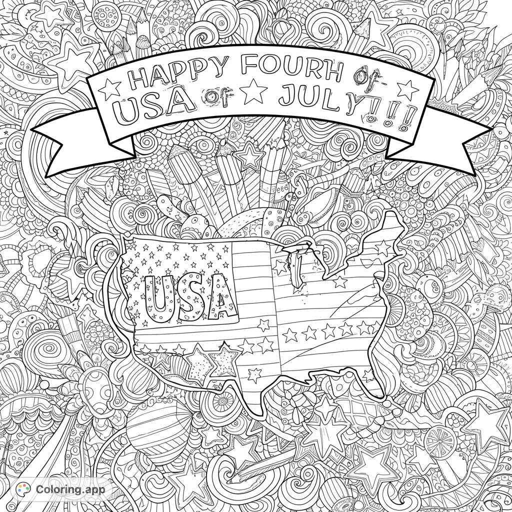Celebrate with this intricate patriotic USA doodle coloring page! Features a detailed map, festive stars, fireworks, and swirling patterns for hours of creative fun.