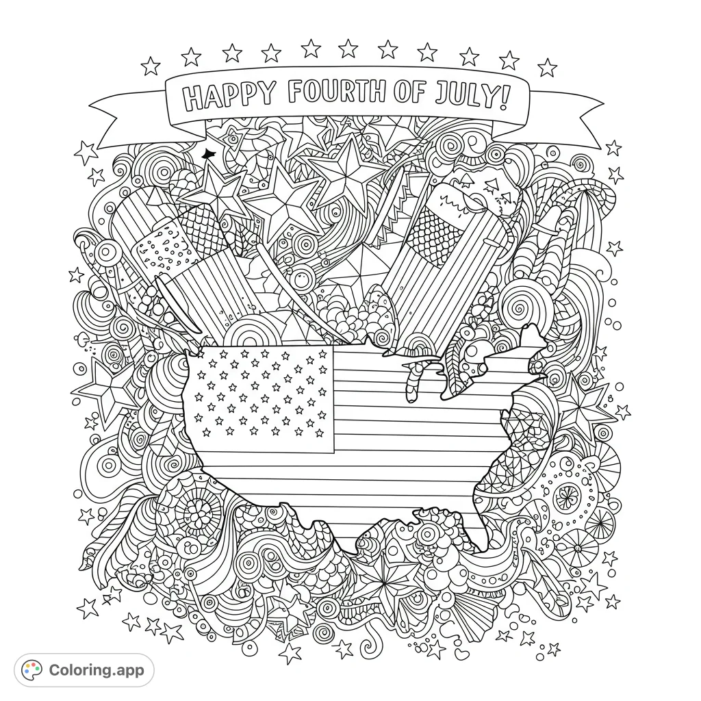 Celebrate patriotism with this intricate Fourth of July coloring page featuring the USA map, flags, fireworks, and detailed doodle patterns.