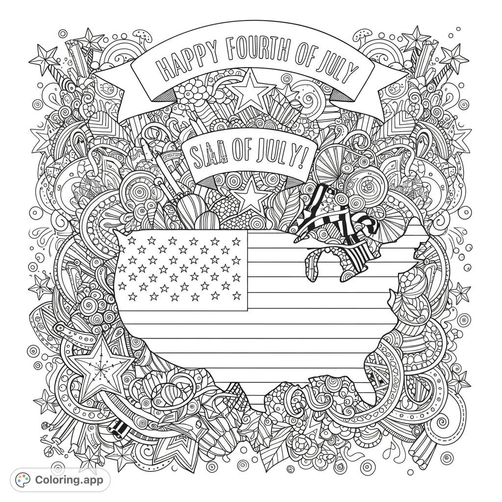 Celebrate with this intricate Fourth of July coloring page! Features a USA map with flag design, surrounded by festive stars and detailed doodle patterns.