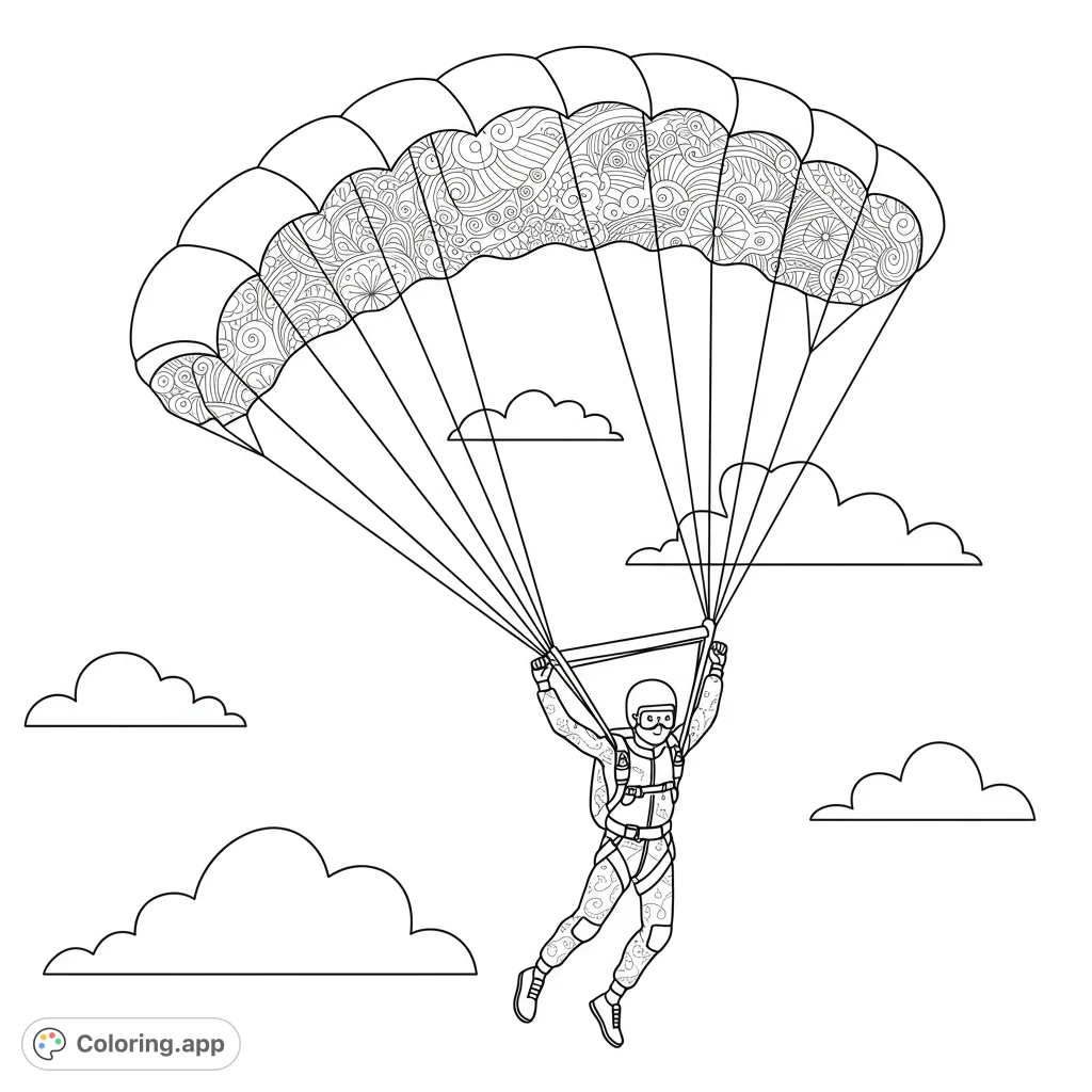 Soar with this thrilling skydiver coloring page! Features a detailed skydiver with an intricately patterned parachute and clouds.