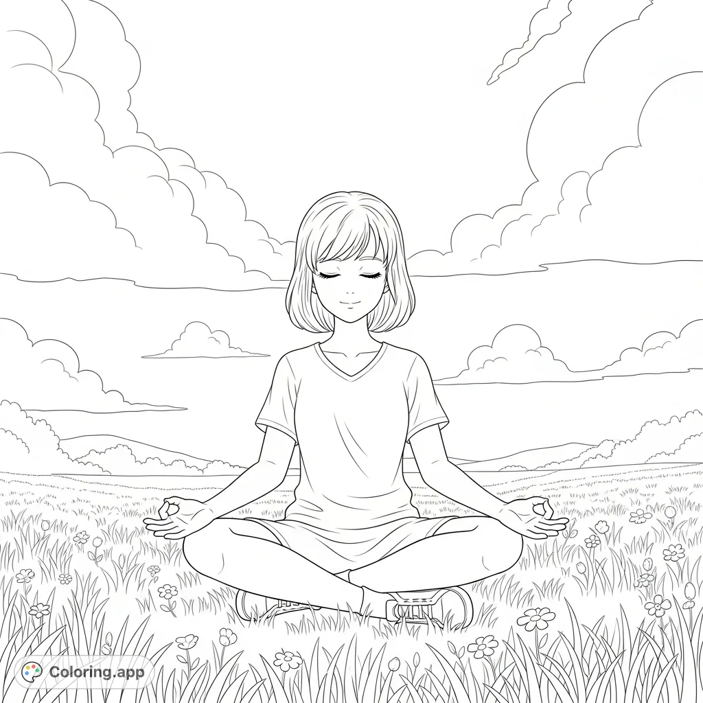 An anime girl meditates serenely in a tranquil meadow under soft, puffy clouds, offering a calm scene for mindful coloring and relaxation.