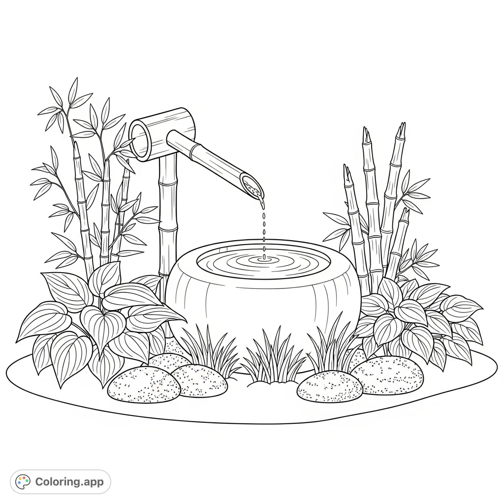 Experience tranquility with this detailed coloring page featuring a traditional bamboo shishi-odoshi water feature, a smooth stone basin, and lush garden plants.