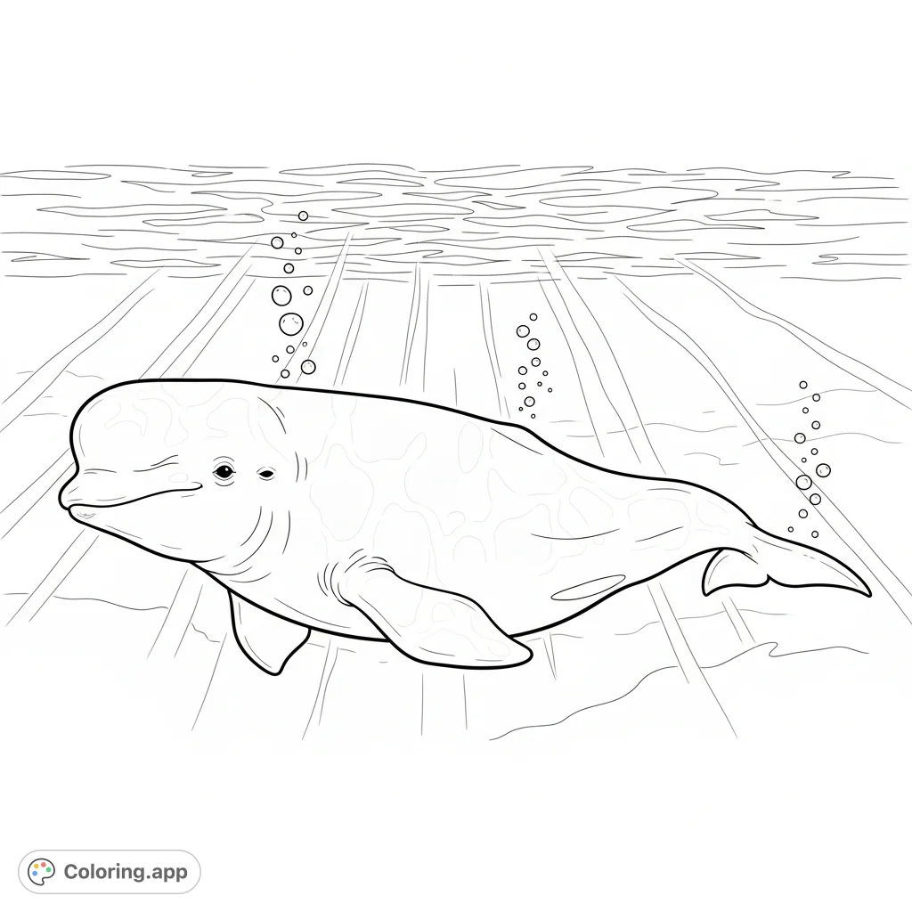 Dive into the calm with a beluga whale coloring page. Capture its gentle smile and the tranquil underwater world.