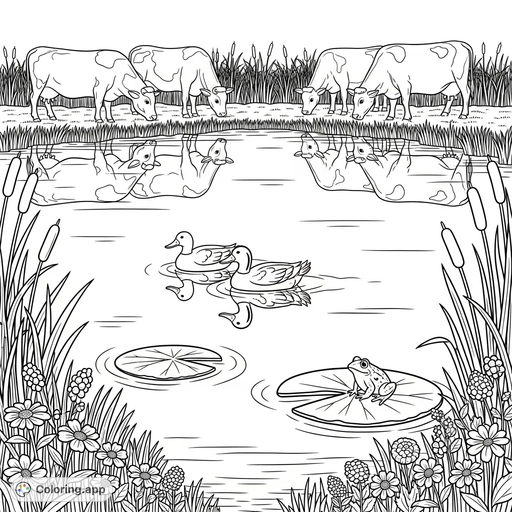 Discover a peaceful farm pond scene with graceful ducks, a frog on a lily pad, and cows by the water. A charming free printable farm pond coloring page for all ages.