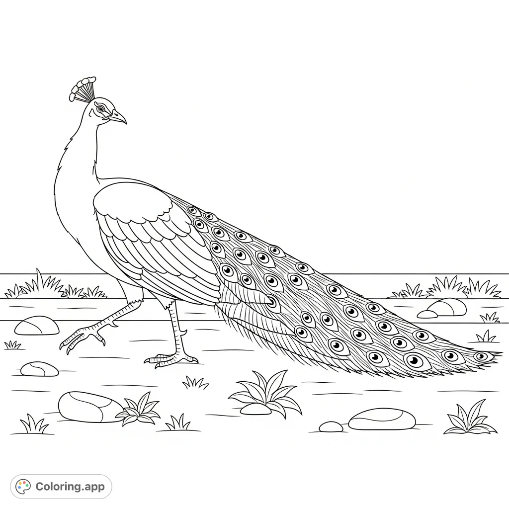 A graceful peacock with fanned tail feathers walks through a peaceful garden, featuring minimal stones and leafy accents. Perfect for all ages!