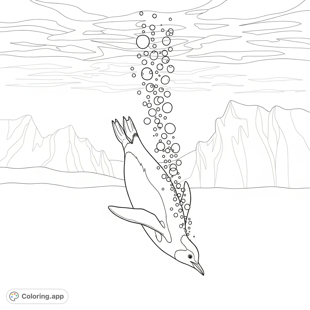Capture a majestic penguin's underwater journey, trailed by bubbles, with distant ice formations. An arctic scene for all ages to color.