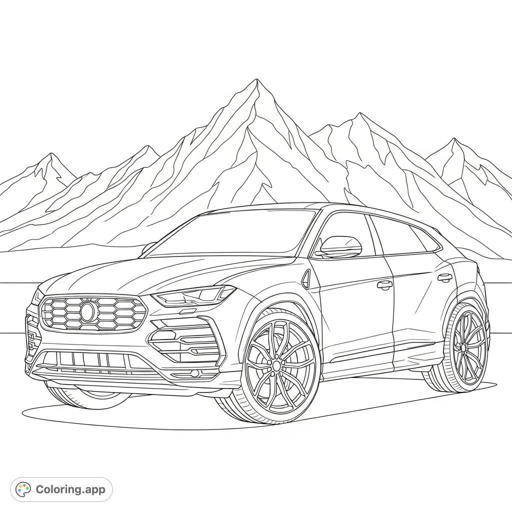 Color a powerful Urus-style performance SUV with muscular lines, parked against a backdrop of majestic mountains with simplified contours. Unleash your creativity!
