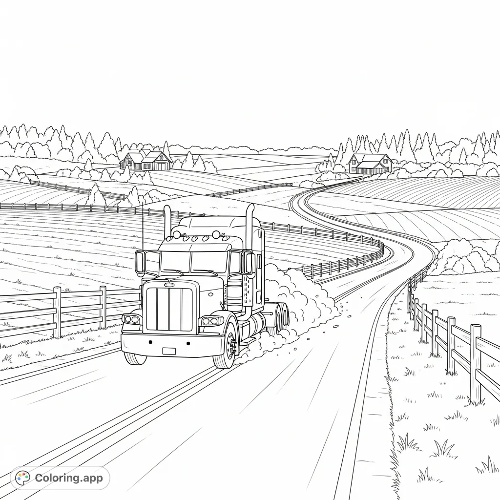 Color a powerful Peterbilt truck winding through a serene rural landscape with fields, fences, farmhouses, and trees, kicking up dust on the road.