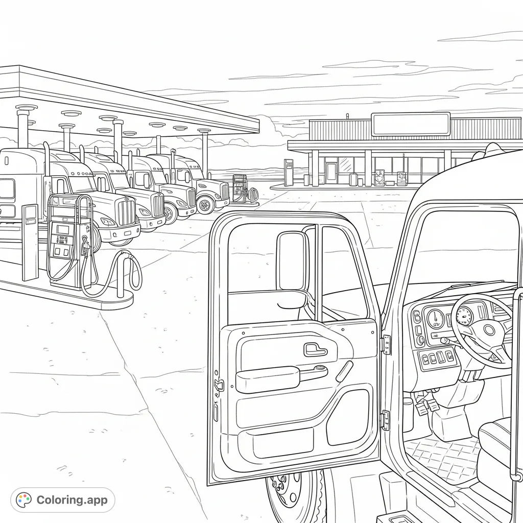 A detailed Peterbilt truck stop coloring page featuring multiple semi-trucks, fuel pumps, and a convenience store under a twilight sky, perfect for truck enthusiasts.
