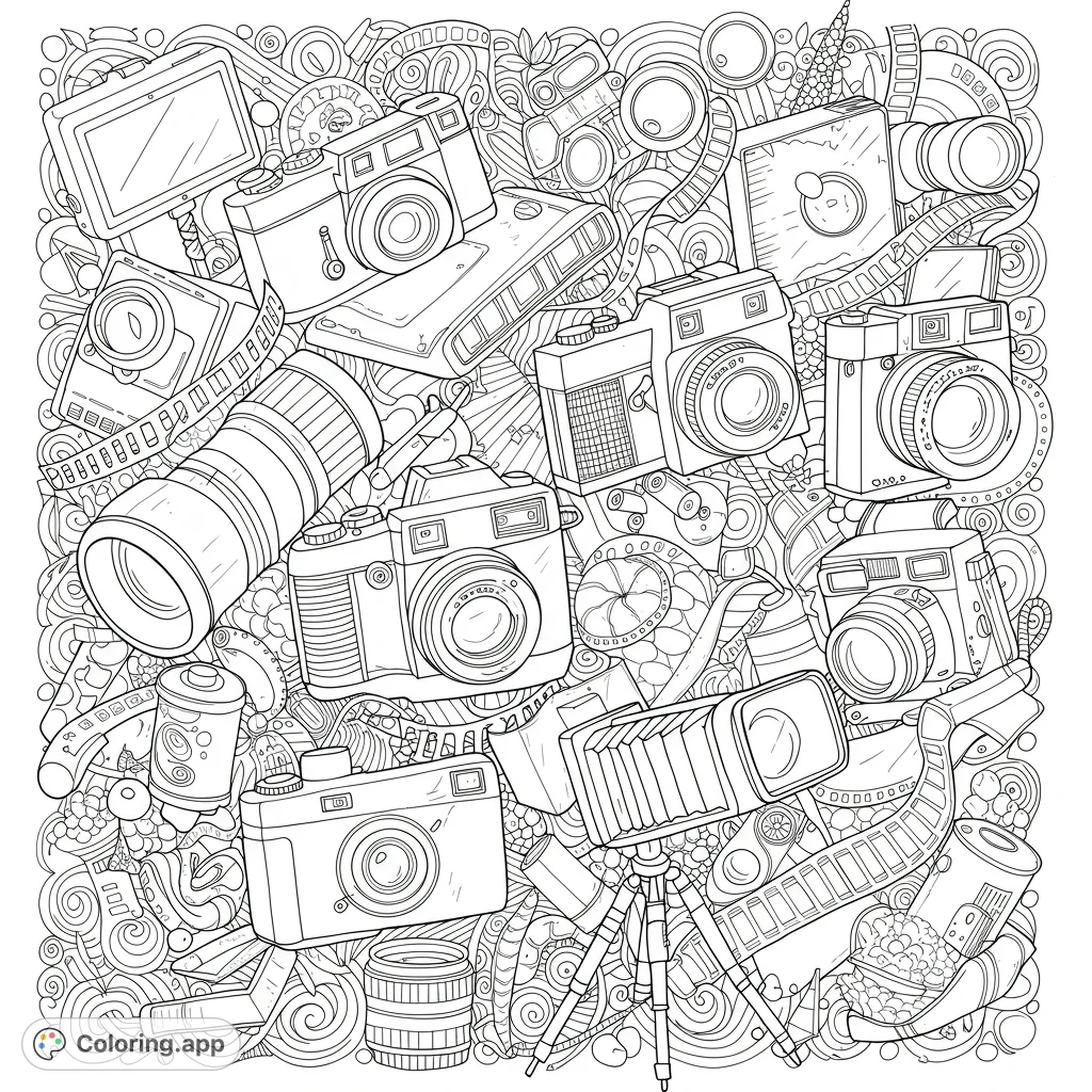 An intricate photography gear coloring page featuring vintage cameras, lenses, and film strips intertwined with detailed doodle patterns. A free printable coloring page for all ages.