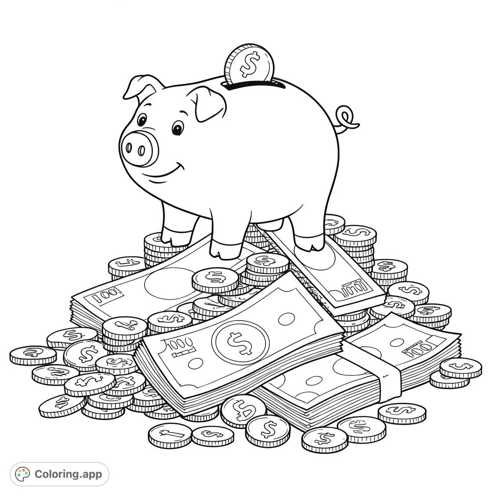 A cheerful piggy bank stands atop a large pile of coins and banknotes, with a coin dropping into its slot. Perfect for teaching about saving money!