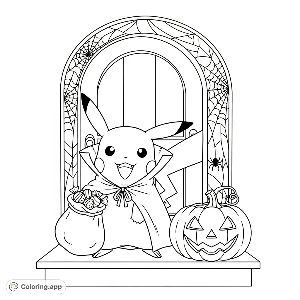 A delightful Pikachu dressed as a vampire, holding a candy bag on a spooky porch with a spiderweb and glowing jack-o'-lantern. Perfect for Halloween fun!