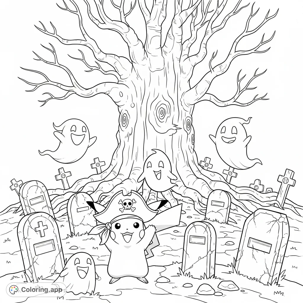Join Pikachu, sporting a pirate hat, on a whimsical adventure through a friendly graveyard filled with smiling ghosts and ancient, gnarled trees. A fun coloring page!