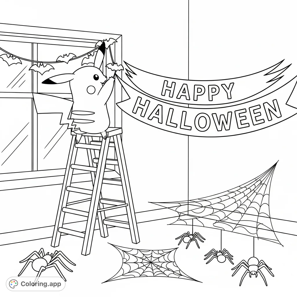 Join Pikachu as it decorates for Halloween! This free printable coloring page features Pikachu on a ladder, bat lights, spiderwebs, and a "Happy Halloween" banner.