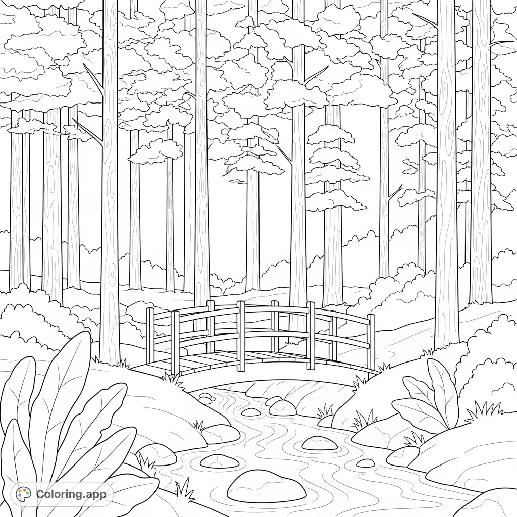 A tranquil pine forest with a wooden footbridge spanning a gentle creek, featuring simplified foliage for a peaceful, calming coloring experience.