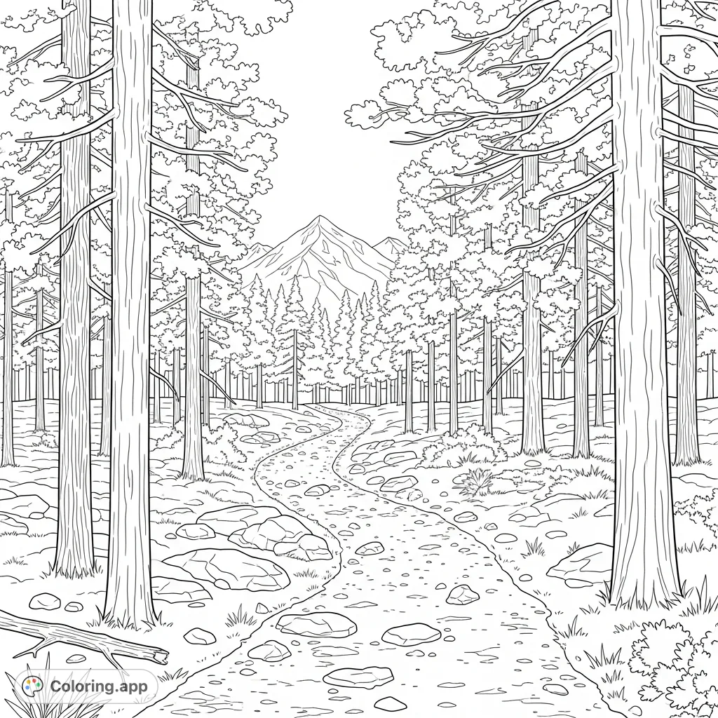 Embark on a serene journey through a pine forest with a winding trail leading to a distant mountain summit. Relax and color this peaceful nature scene.