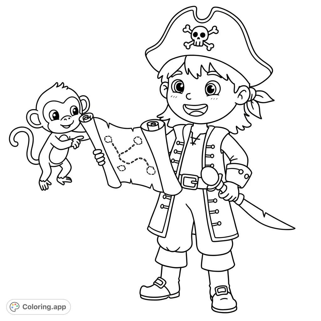 An adventurous pirate child and their playful monkey companion hold a treasure map, ready for a grand quest. A fun, free printable coloring page!
