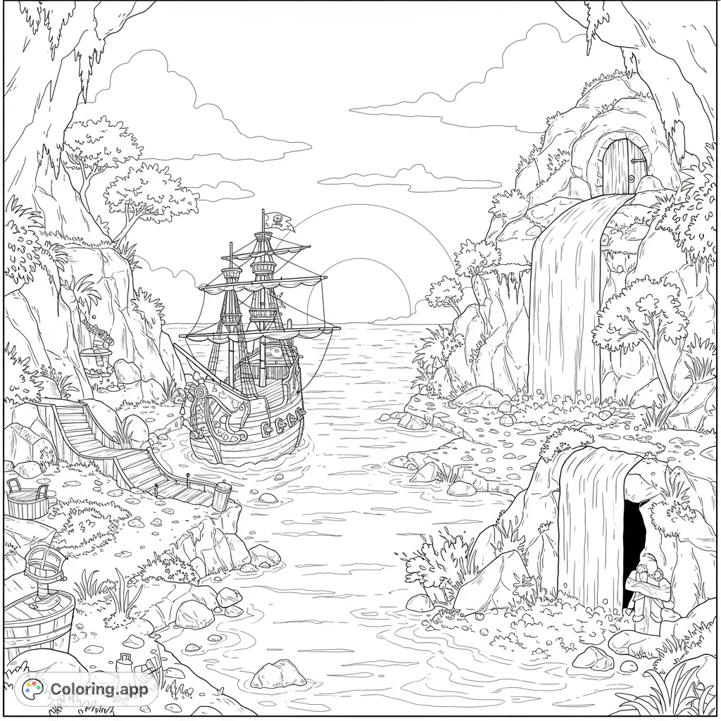 Embark on a pirate adventure! A majestic ship sails into a hidden cove with waterfalls, secret caves, and lush island scenery.