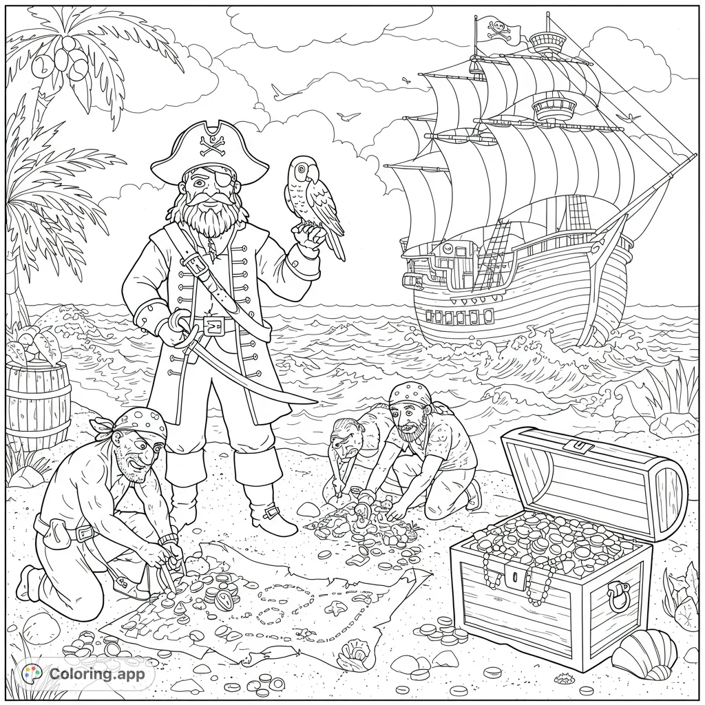 Embark on a pirate adventure! A captain, his crew, and a parrot uncover a treasure chest overflowing with gold on a tropical beach, with a grand ship offshore.