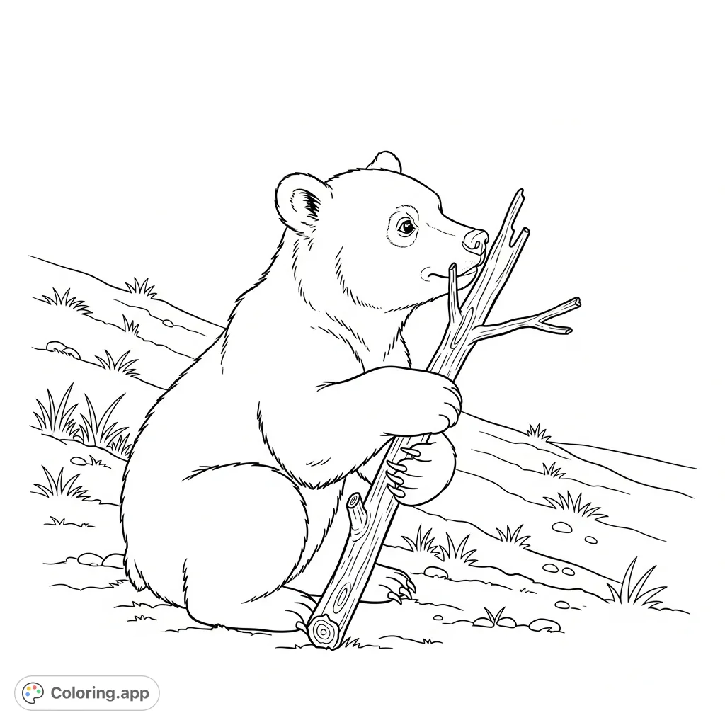 A charming coloring page featuring a curious bear cub playing with a fallen stick. Perfect for nature lovers and a delightful coloring experience.