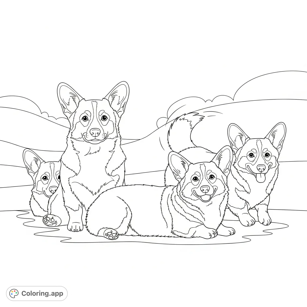 A delightful coloring page featuring a group of corgis in various playful poses against a minimal background, perfect for dog lovers of all ages.
