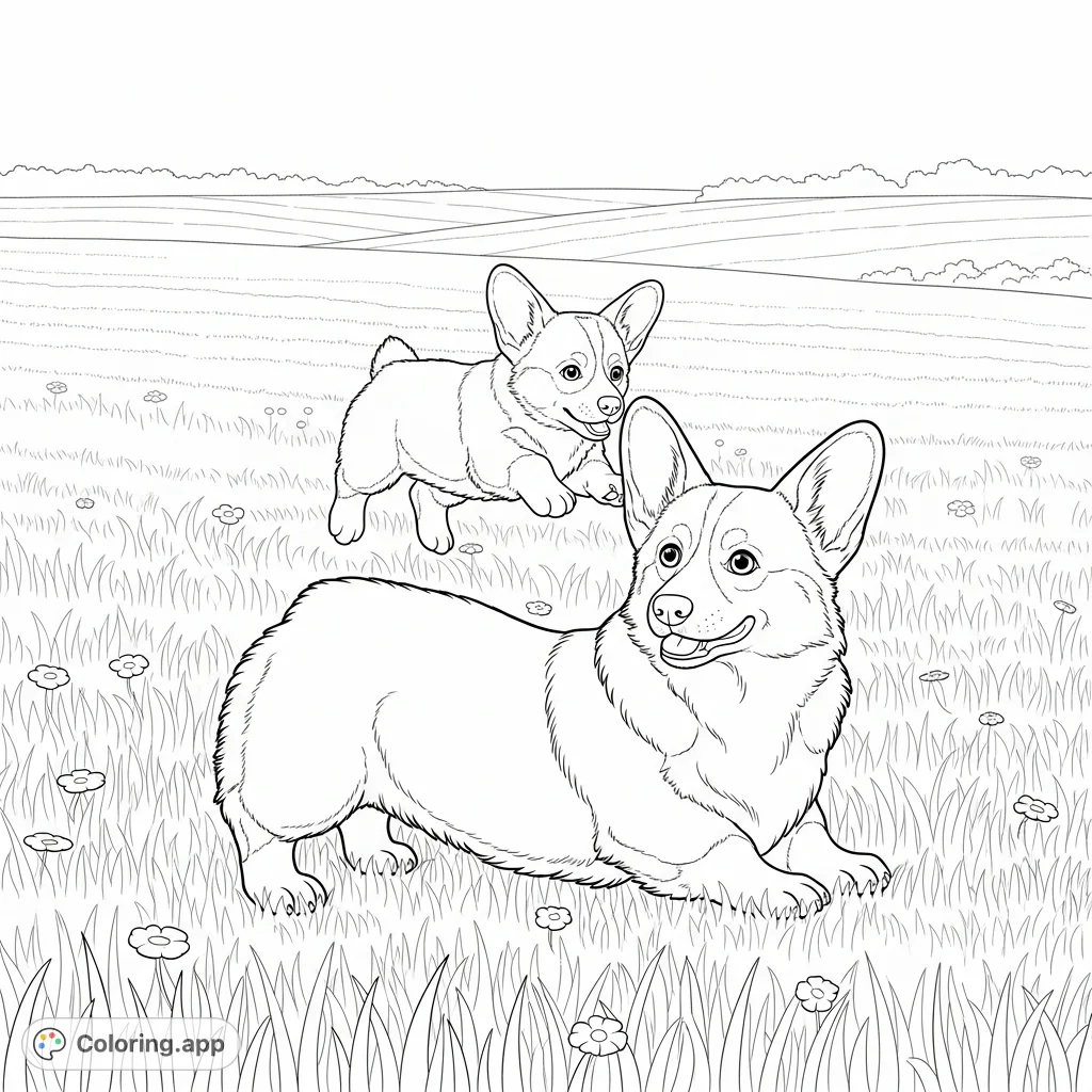 A delightful coloring page featuring an adult Corgi and an adorable puppy interacting playfully in a wide, open field with grass and wildflowers.