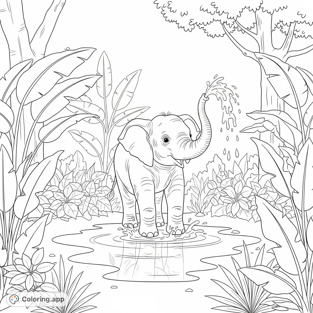 A delightful coloring page featuring a cute elephant calf joyfully spraying water from its trunk into a puddle, surrounded by lush jungle plants.