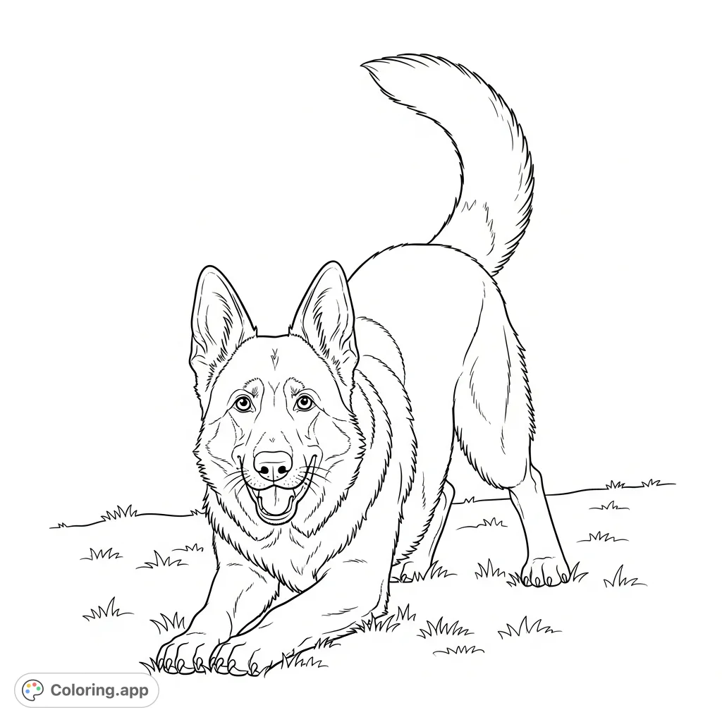 Capture the joyful spirit of a German Shepherd in a playful bow, ready for fun. A detailed, engaging coloring page for all animal lovers.