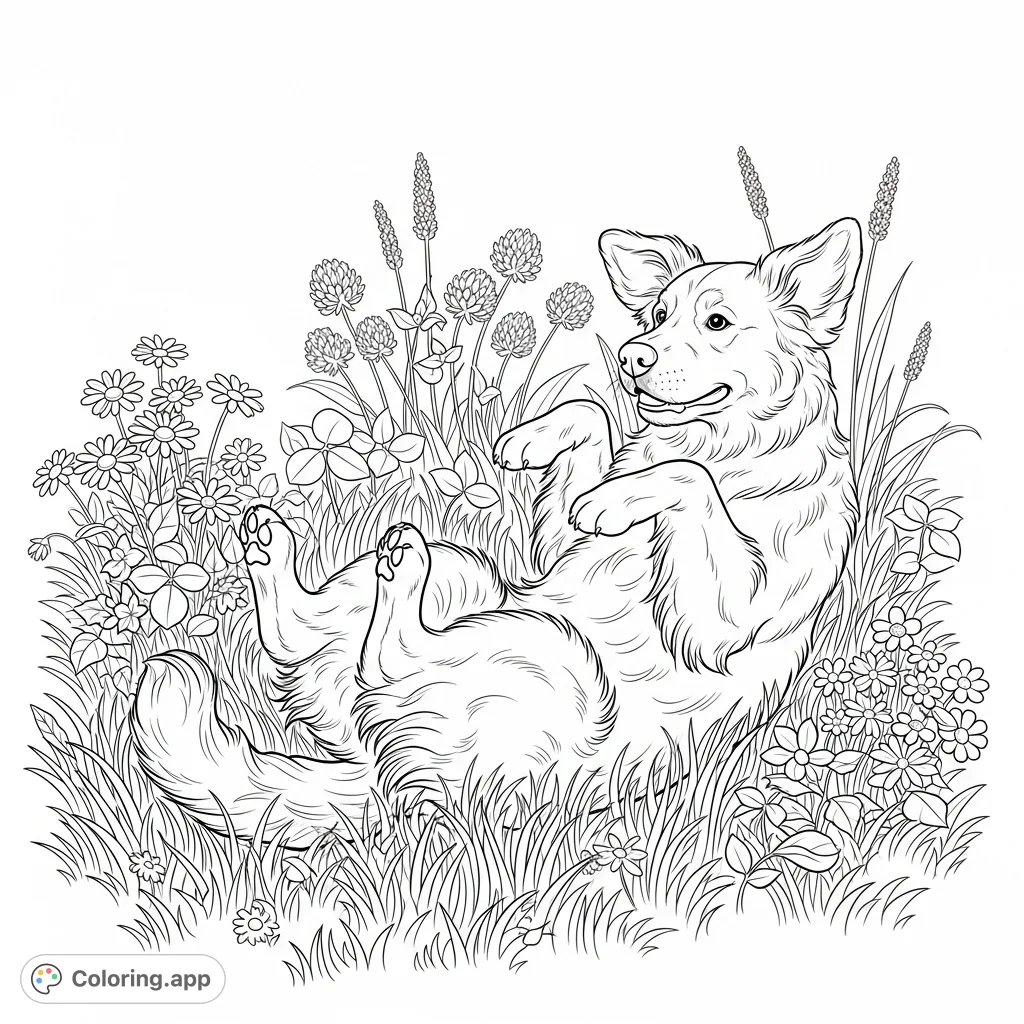 A cheerful golden retriever rolls playfully in a field of textured grass, its paws up, surrounded by charming clusters of varied blossoms.