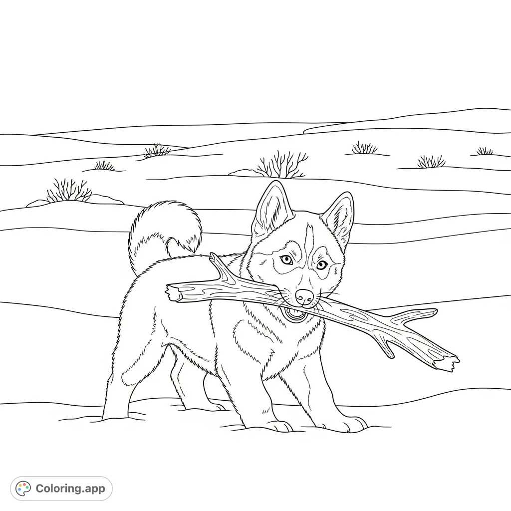 A charming husky pup playfully chews a stick in a serene snowy field. Perfect for animal lovers of all ages, offering a delightful coloring experience.