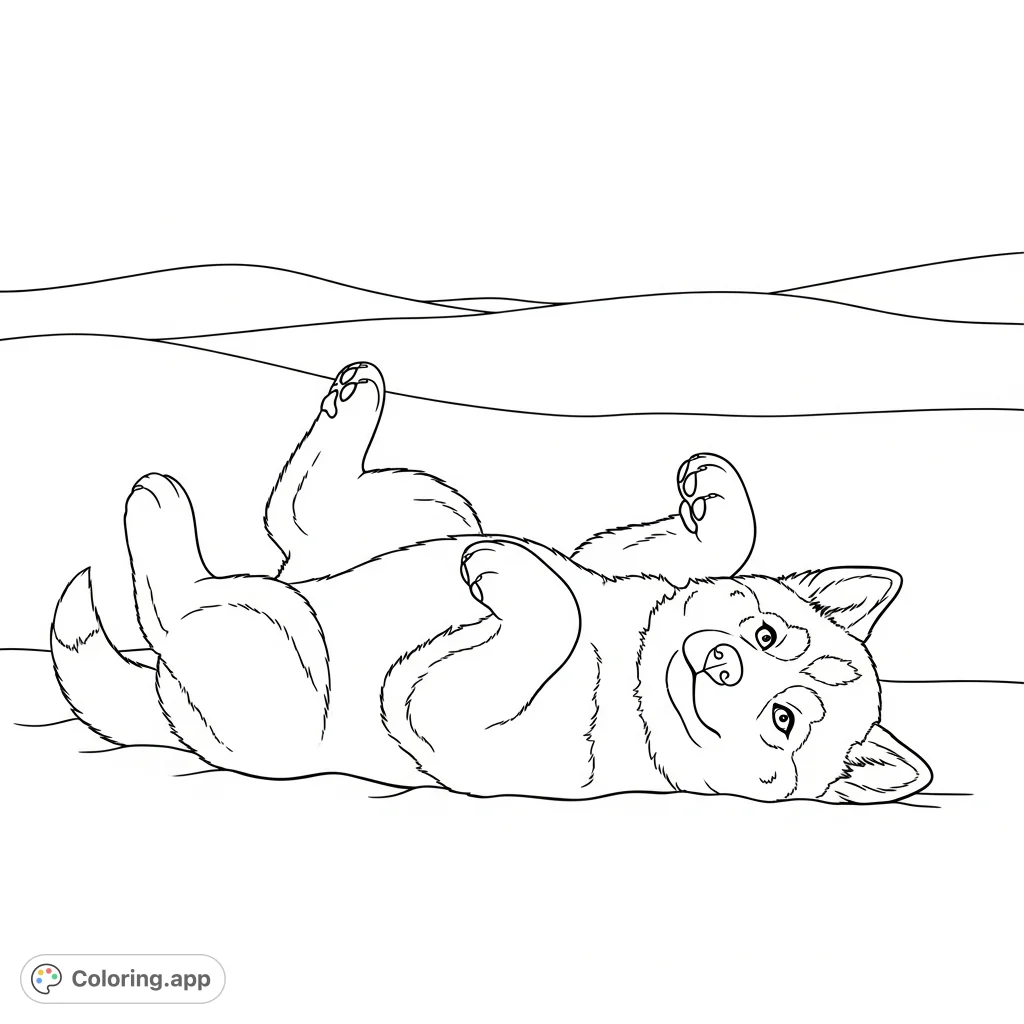 A charming husky puppy joyfully rolling in a field of soft snow. Its rounded, simplified fur and playful pose create an adorable, inviting scene for coloring.