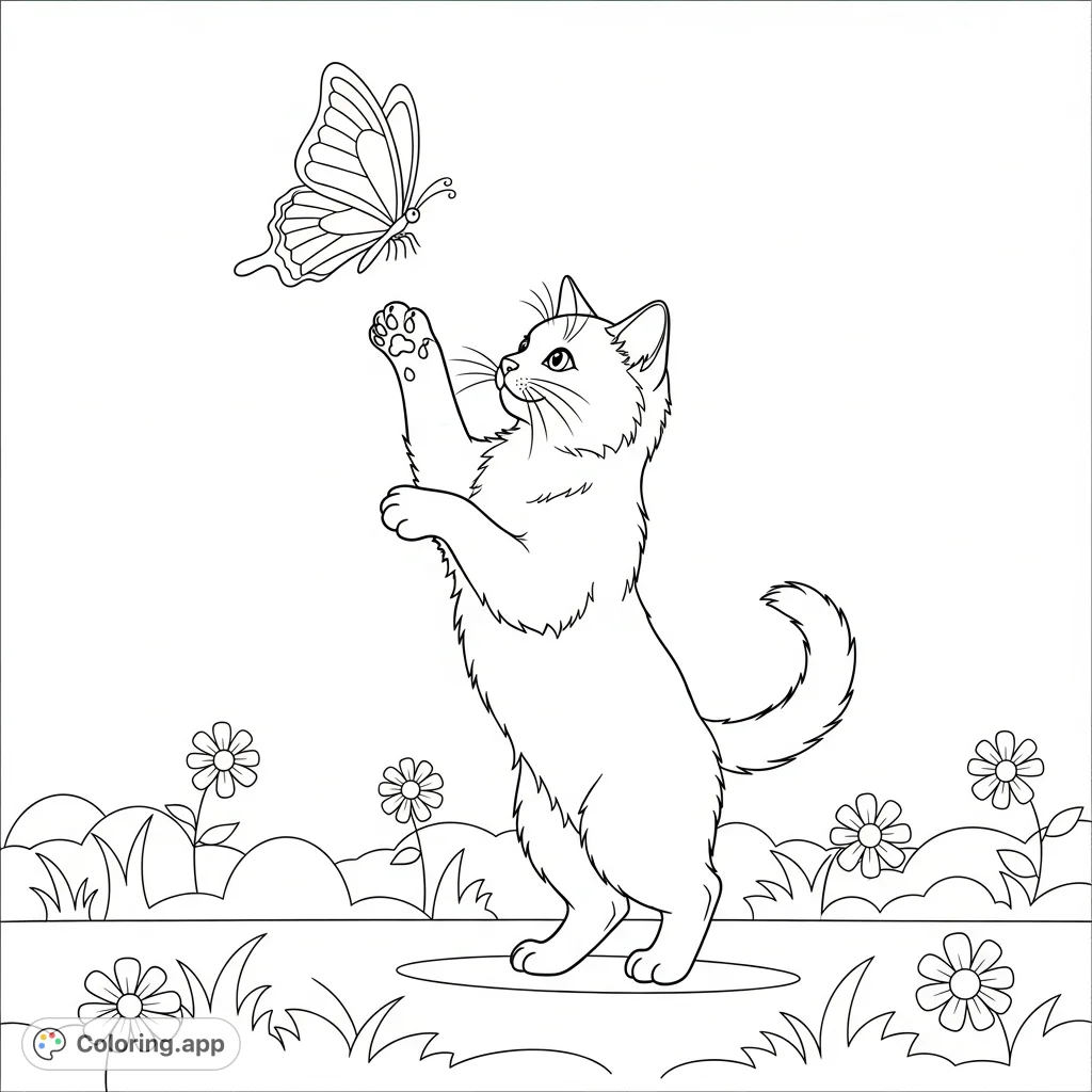 A charming coloring page featuring a fluffy Siamese kitten playfully reaching for a hovering butterfly amidst simplified grass and stylized flowers.