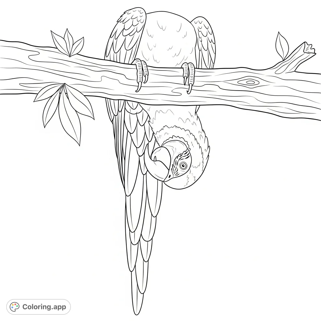 A detailed coloring page featuring a blue-and-gold macaw hanging playfully upside down from a textured tree branch amidst minimal foliage, inviting creative expression.