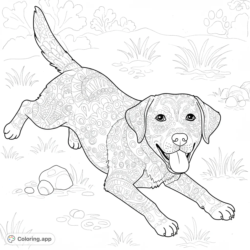 A joyful patterned Labrador dog leaps in a field, ready for coloring. Intricate mandala designs fill its fur, offering a relaxing and creative experience.