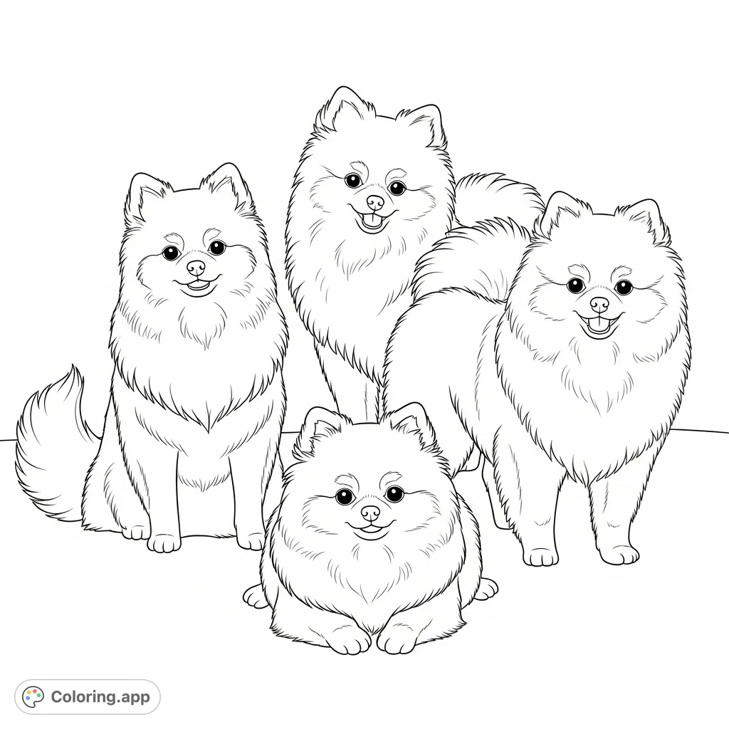 A delightful group of fluffy Pomeranians, each in a unique playful pose, creating a charming and balanced scene perfect for dog lovers to color.