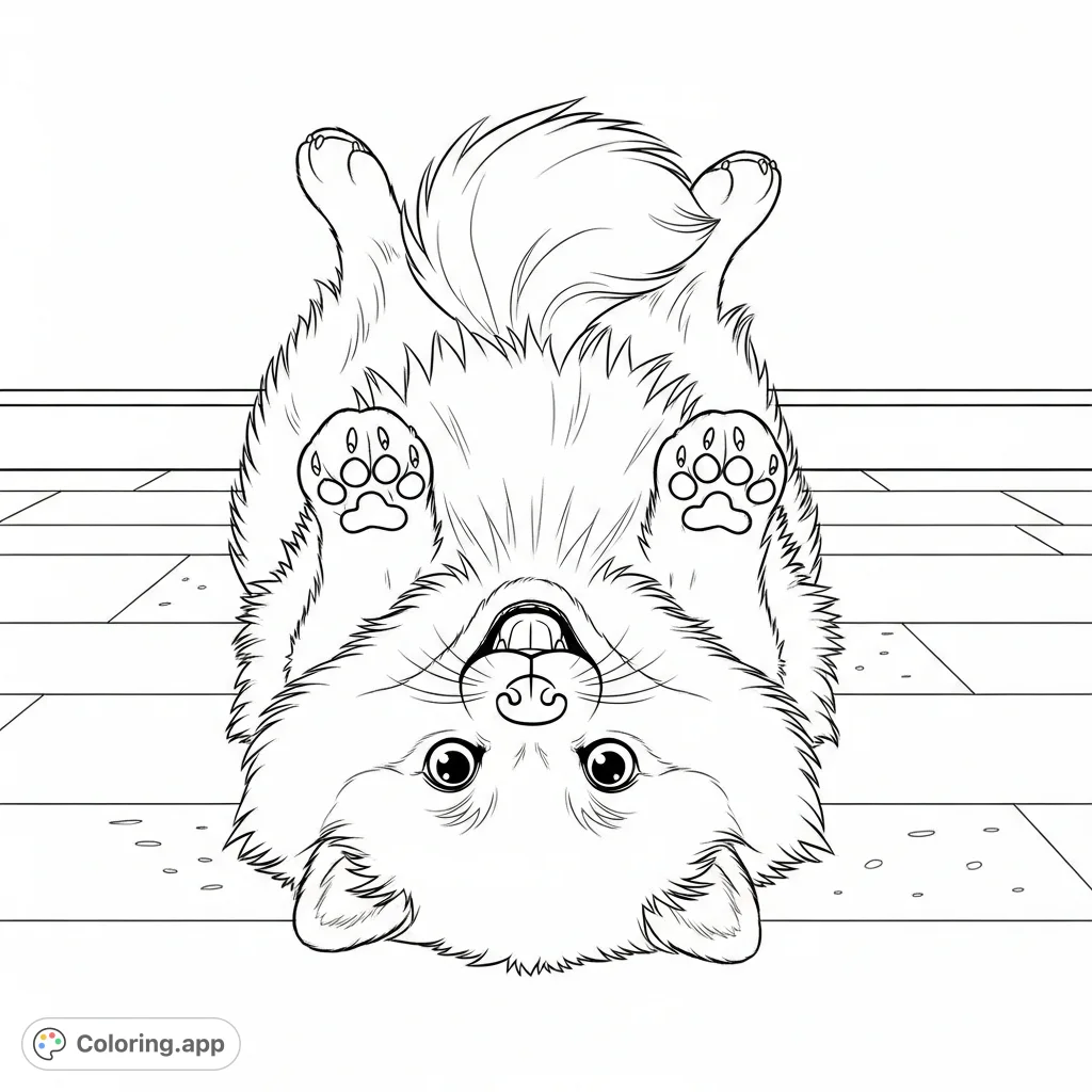 A charming coloring page featuring a fluffy Pomeranian dog playfully lying on its back with all paws raised, showcasing an adorable, happy expression.