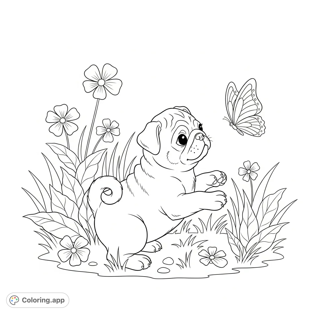 A charming coloring page featuring a curious pug puppy playfully pawing at a delicate butterfly amidst a field of simple grass and flowers.