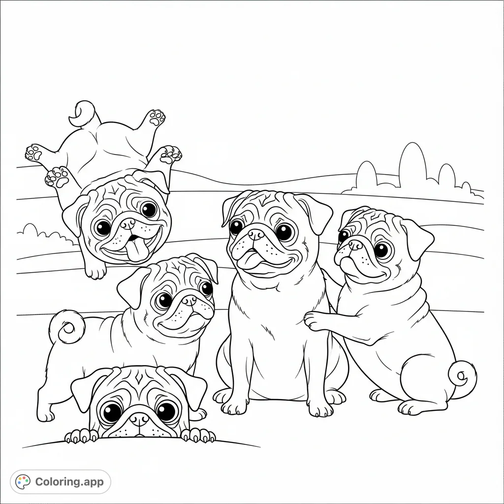 A delightful coloring page featuring four adorable pugs in various playful poses, set against a simple, serene background, perfect for pet lovers.