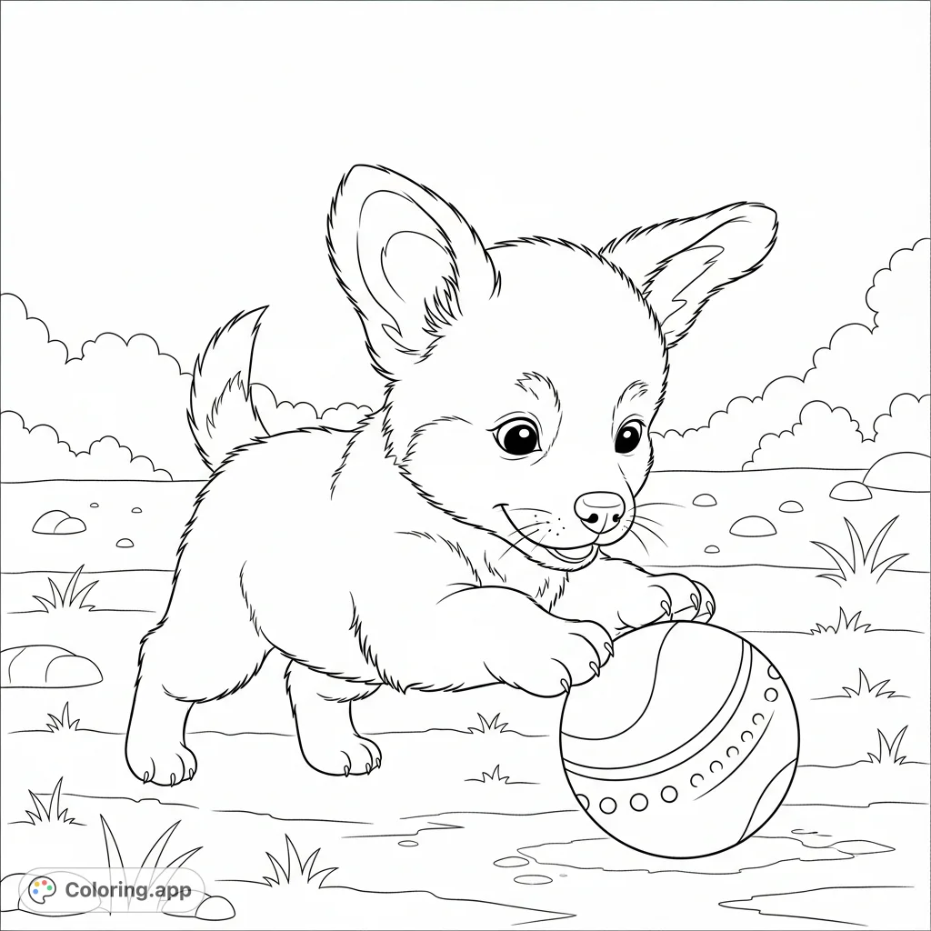 A cute, fluffy baby puppy with floppy ears is playfully pouncing on a patterned ball in a grassy outdoor setting, ready for coloring fun.