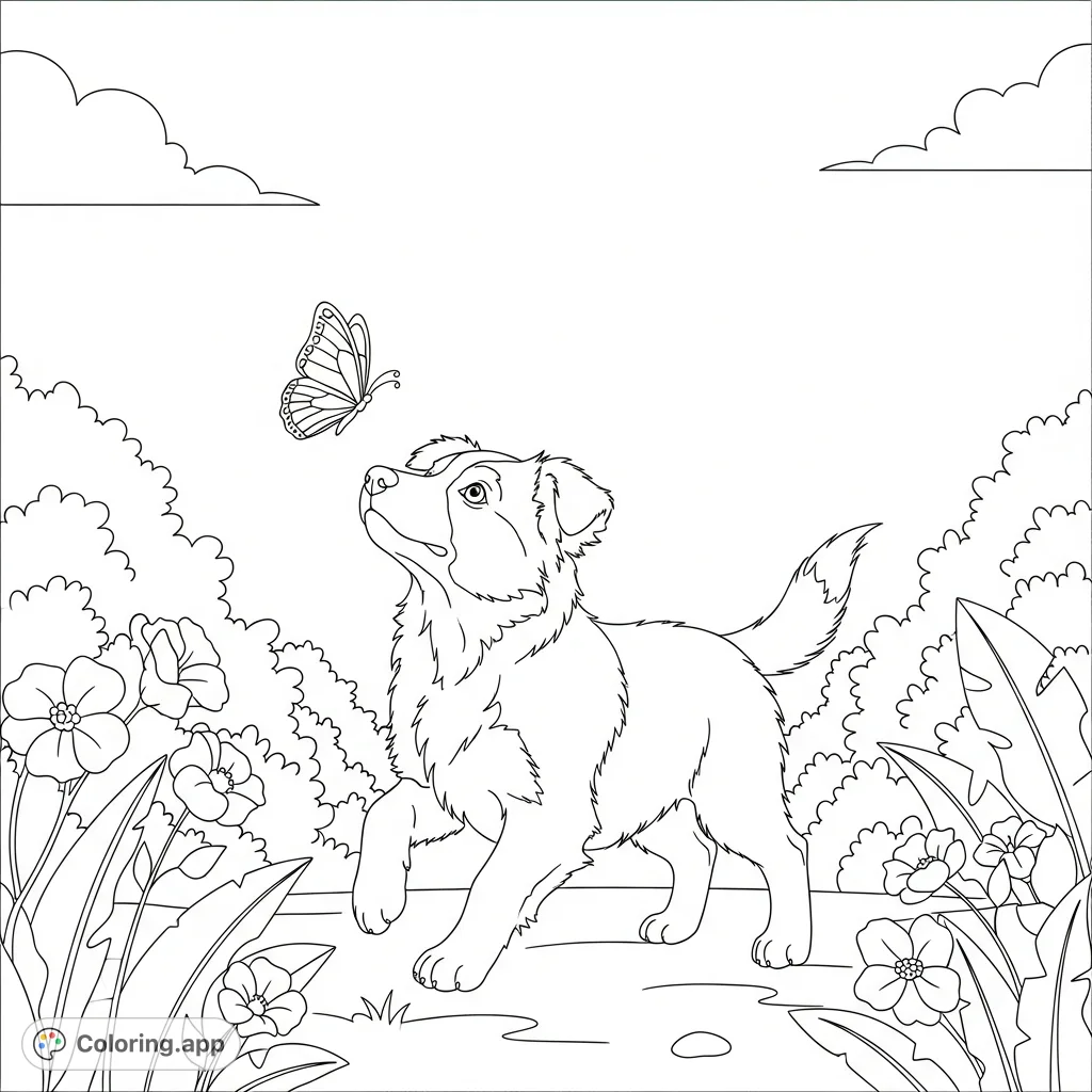 An adorable Border Collie puppy playfully interacts with a delicate butterfly amidst simplified garden shapes. A charming scene for all ages to color!
