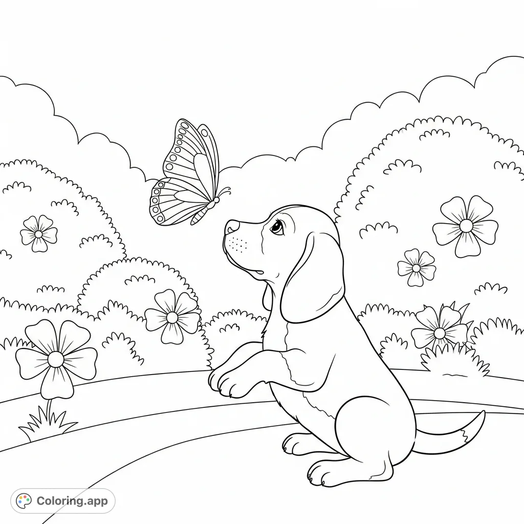 A cheerful beagle puppy interacts playfully with a delicate butterfly in a simplified, inviting garden scene, perfect for joyful coloring.