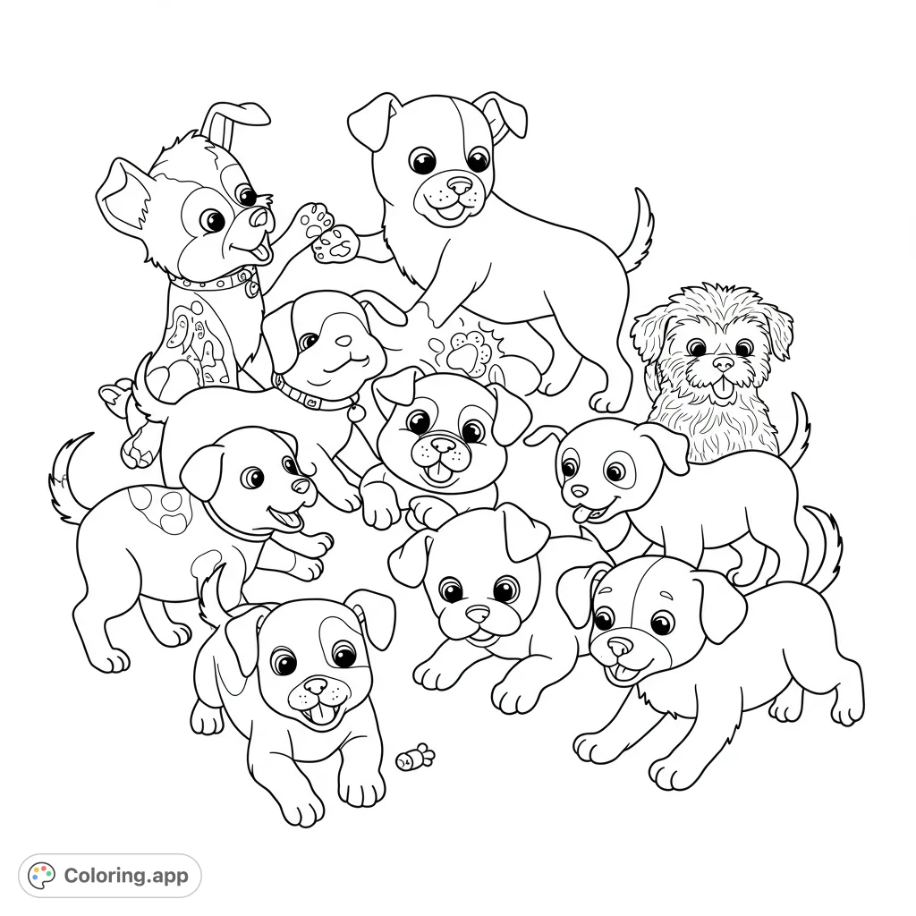 An adorable group of nine playful puppies in various poses, perfect for a cute puppy coloring page. This free printable coloring page offers endless fun for kids and adults.