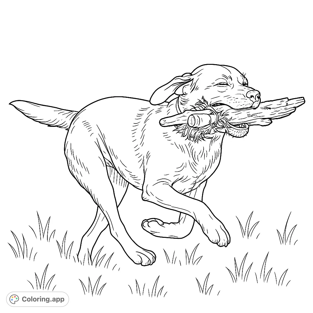 A joyful Labrador Retriever runs with a stick, eyes squinted in delight, amidst simple grass. A fun, free printable dog coloring page.