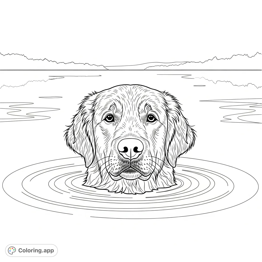 A joyful golden retriever swims with only its head above water, creating soft ripples. A serene scene perfect for nature and animal lovers.