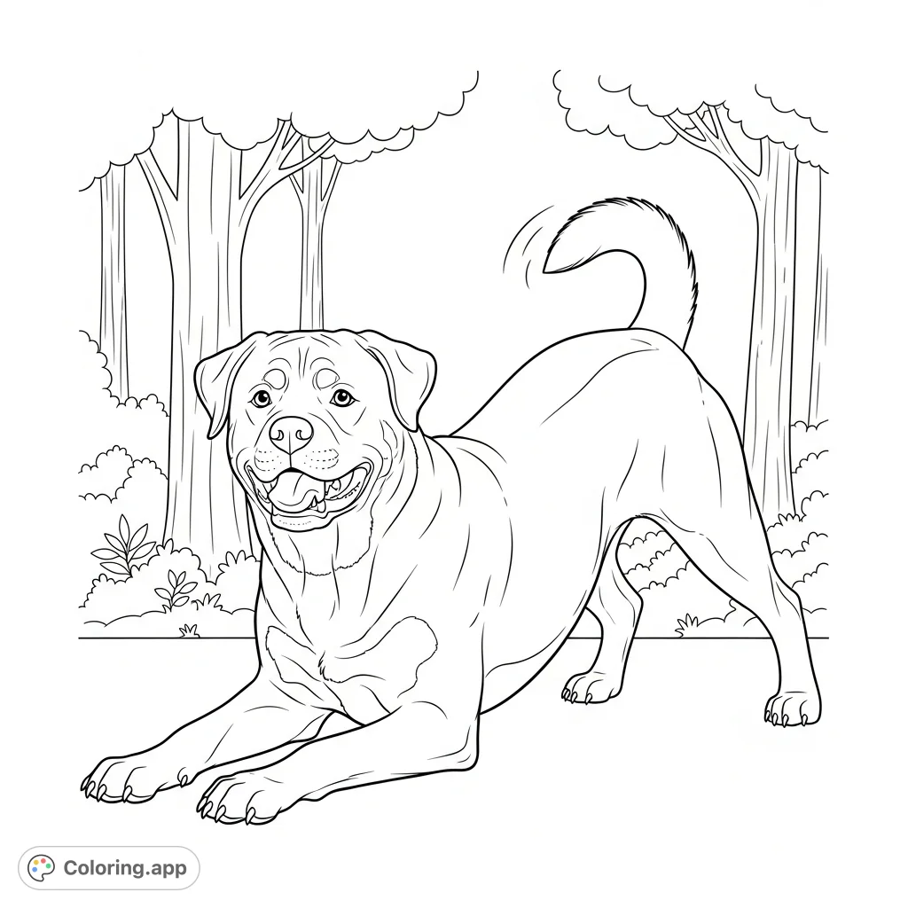 A lively Rottweiler in a classic play bow, inviting fun and creativity. Minimal forest background ensures the focus remains on this joyful canine companion.