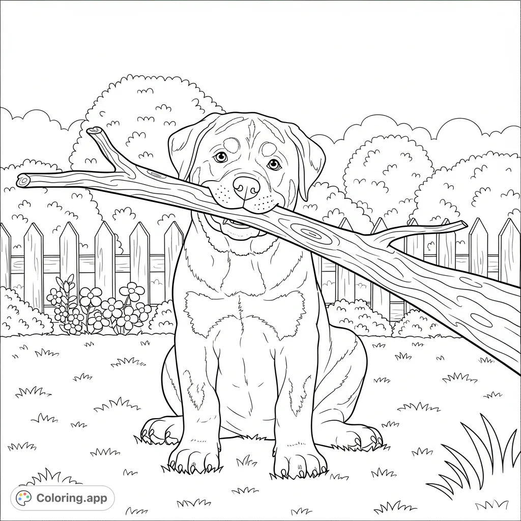 A charming coloring page featuring a robust Rottweiler puppy playfully wrestling with an oversized stick in a serene garden setting.