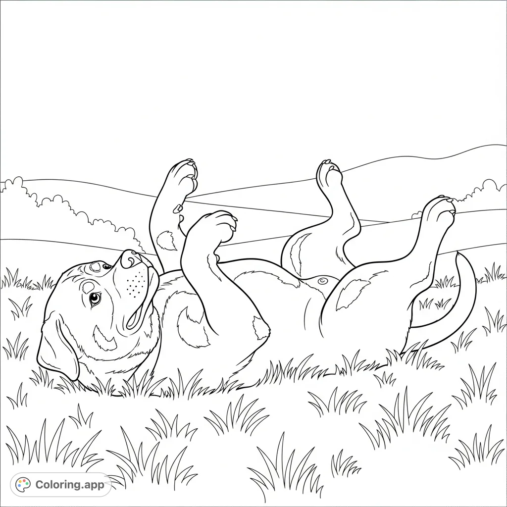 A joyful Rottweiler rolling on its back in a grassy field, paws up in the air, against a simplified outdoor backdrop. Perfect for dog lovers!
