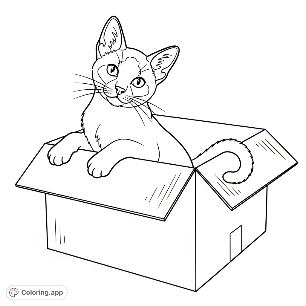 A charming Siamese kitten explores a simplified cardboard box, peeking out with curiosity. Perfect for cat lovers and mindful coloring.