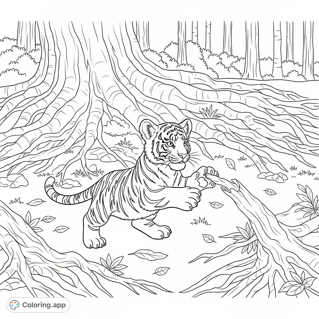 A charming tiger cub playfully interacts with massive, gnarled tree roots on a forest floor, surrounded by natural flora. An engaging scene.