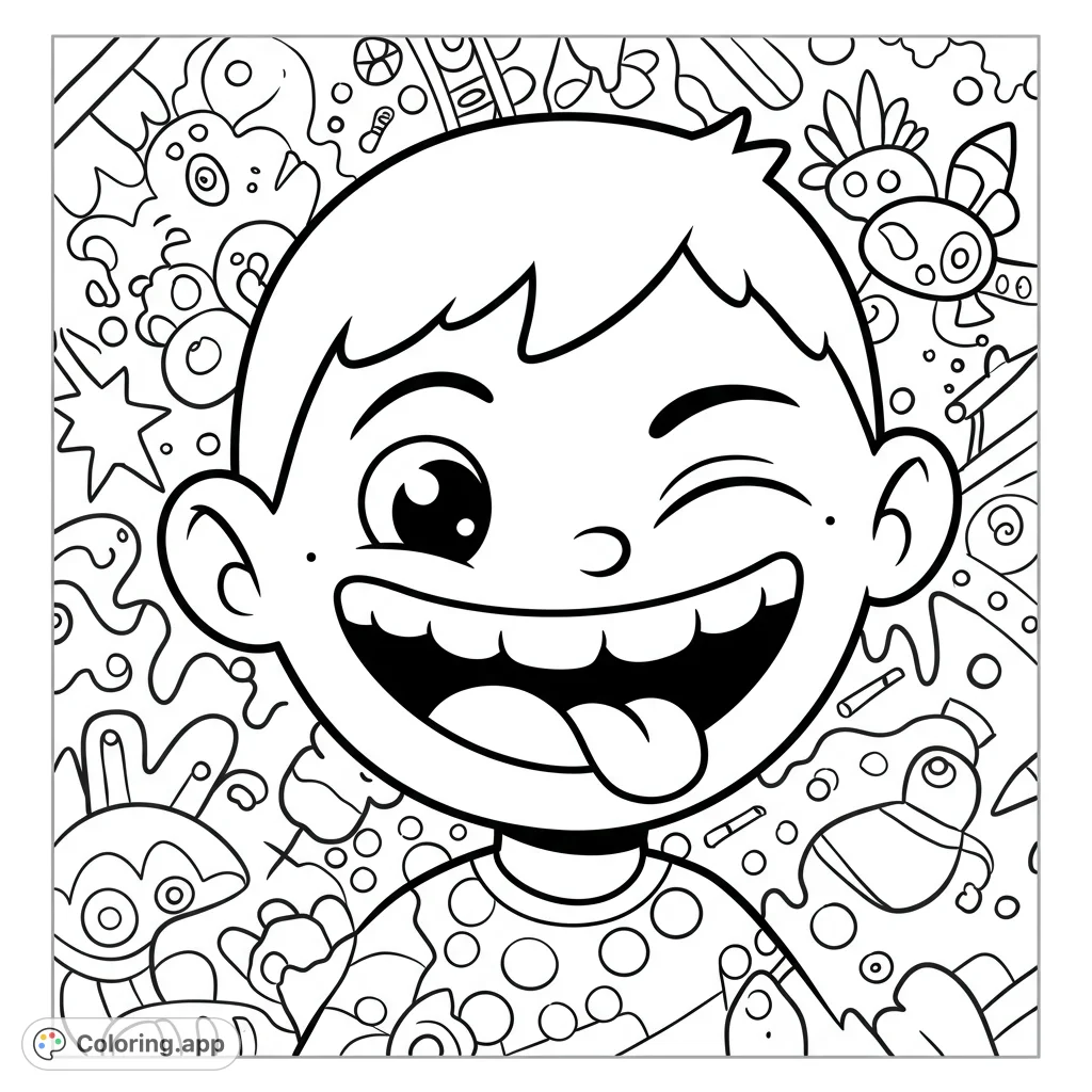 A cheerful winking boy with a wide smile and tongue out, surrounded by a whimsical, dense doodle background. A fun, free printable coloring page.